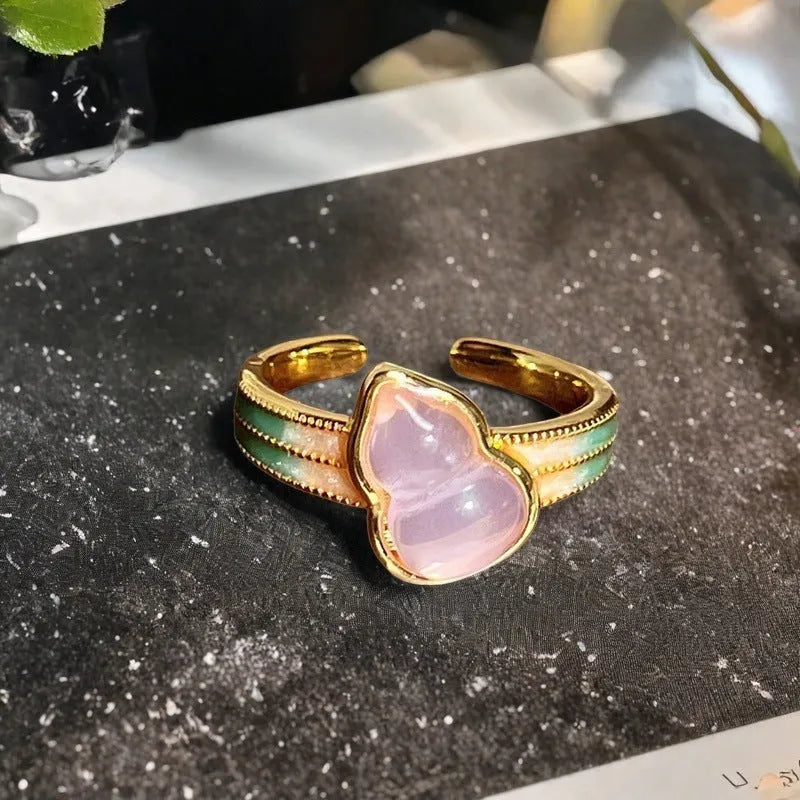 Adjustable copper gourd ring with vintage oil-drip finish and zircon inlay.