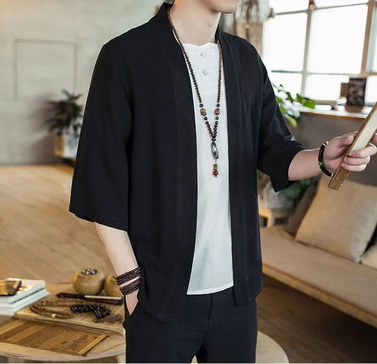 Men's Chinese style cotton linen cardigan shirt with seven-point sleeves, stand collar, and lace-up front in black or hemp colour.