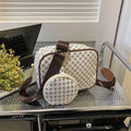Vintage plaid pattern PU crossbody bag with small pouch in khaki colour, horizontal square shape, single shoulder strap