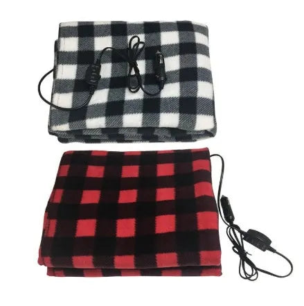 12V car heating blanket in explosion red plaid, 145x100cm fleece, Black white or Red black.