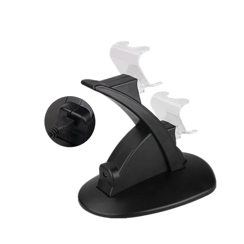 Black dual charging stand holding two Xbox One controllers upright.