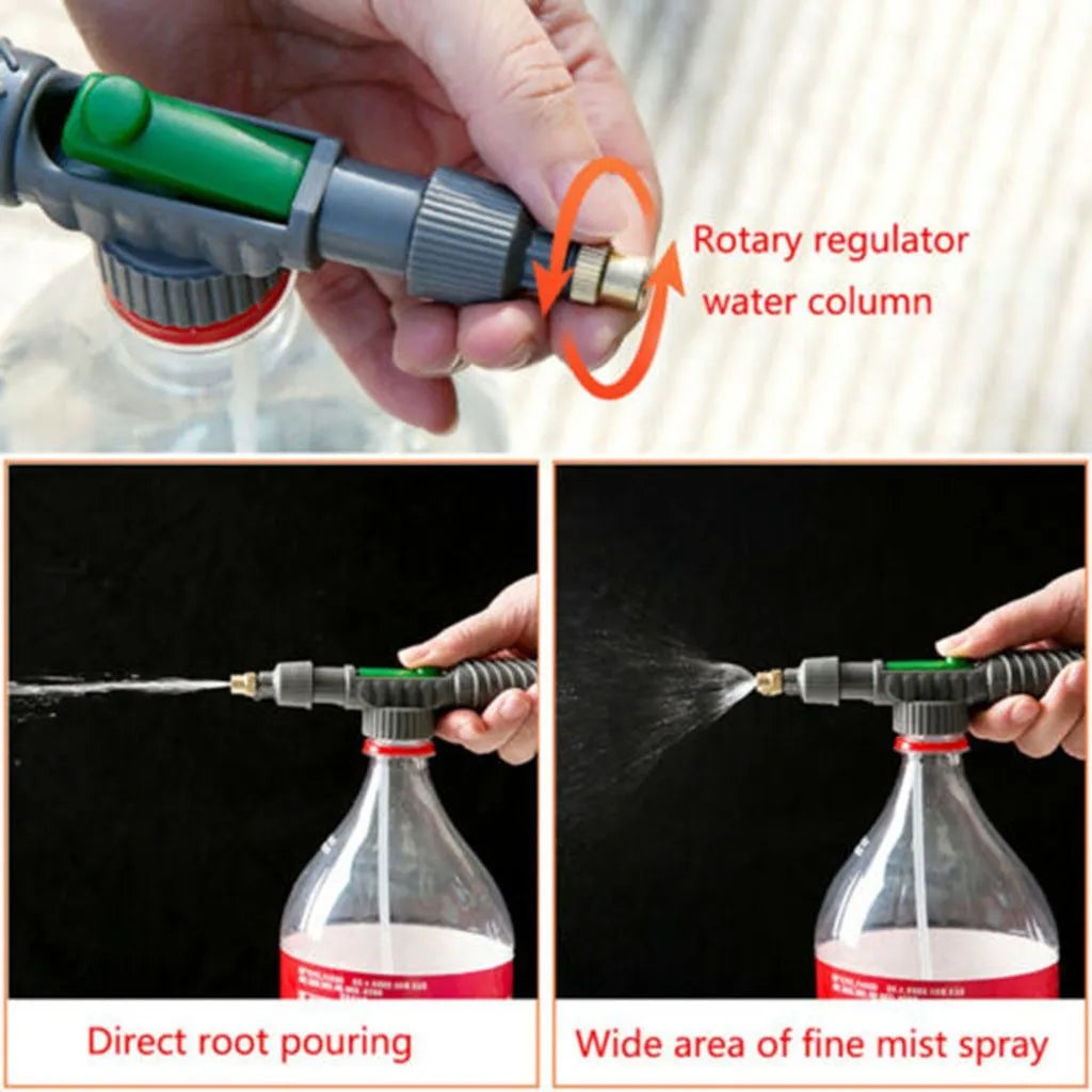 Grey watering sprayer nozzle attached to plastic bottle with 30cm connecting tube for garden watering