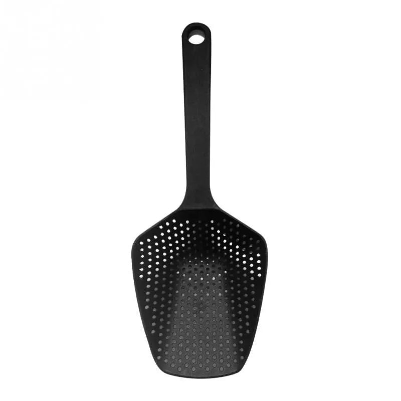Large black nylon kitchen colander strainer scoop with draining holes for frying and soup.