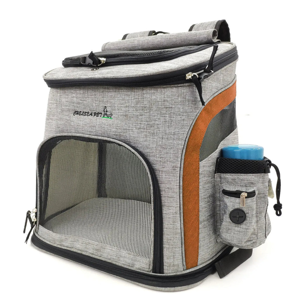 Breathable nylon pet backpack for dogs and cats up to 20 kg available in grey colour with ventilation panel