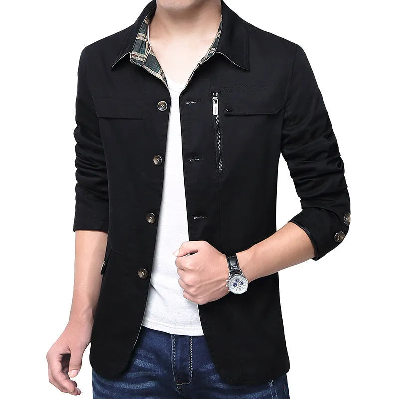 Men's slim fit cotton jacket in Army Green with save pocket, black lining, standing front view