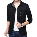 Men's slim fit cotton jacket in Army Green with save pocket, black lining, standing front view