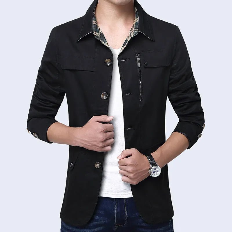 Men's slim fit cotton jacket in Army Green with save pocket, black lining, standing front view