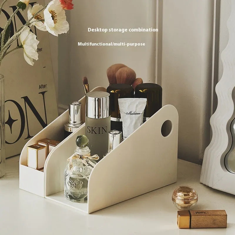 Two plastic desktop storage boxes with internal grid compartments in milk coffee and ivory white colours.