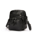 Women's soft PU leather mini shoulder bag with chain strap, square vertical shape, plain black finish, zipper closure