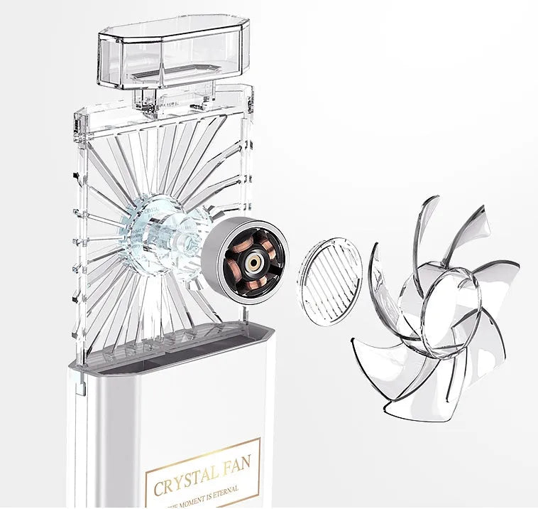 Pink rechargeable perfume fan with USB charging port and 1200mAh battery