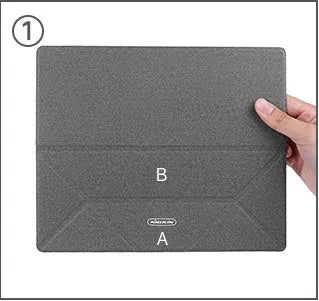Blue foldable laptop cooling stand with anti-slip surface, shown open and closed, next to a laptop.