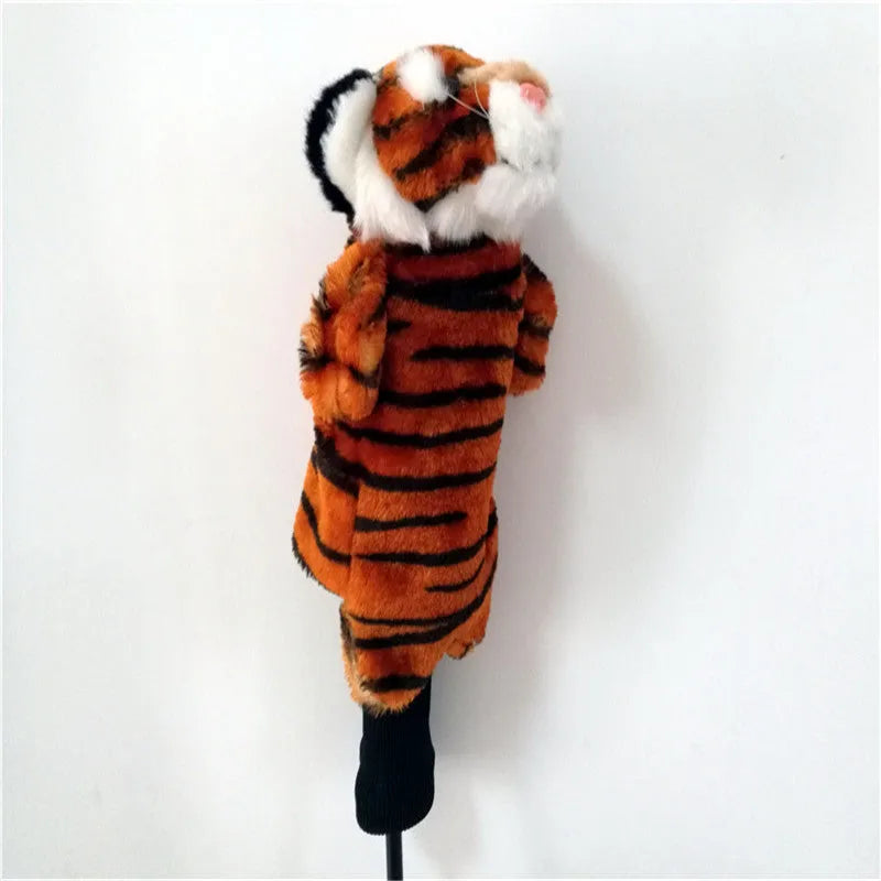 Animal-shaped golf club cover for fairway woods in dip dyed plush with pearl cotton filling, available in brown and white