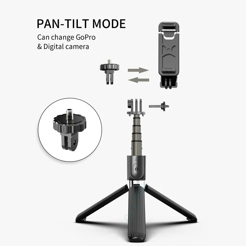 Black aluminium telescopic tripod selfie stick extended with an iPhone secured in the holder.