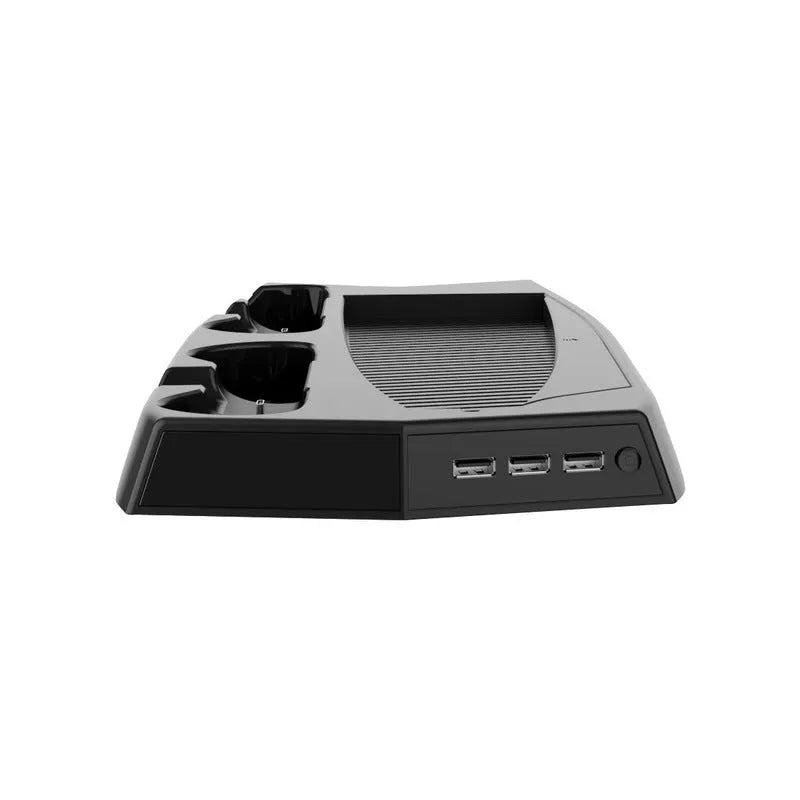 Black multifunctional PS5 charging cooling fan base with USB hub and handle charger slots