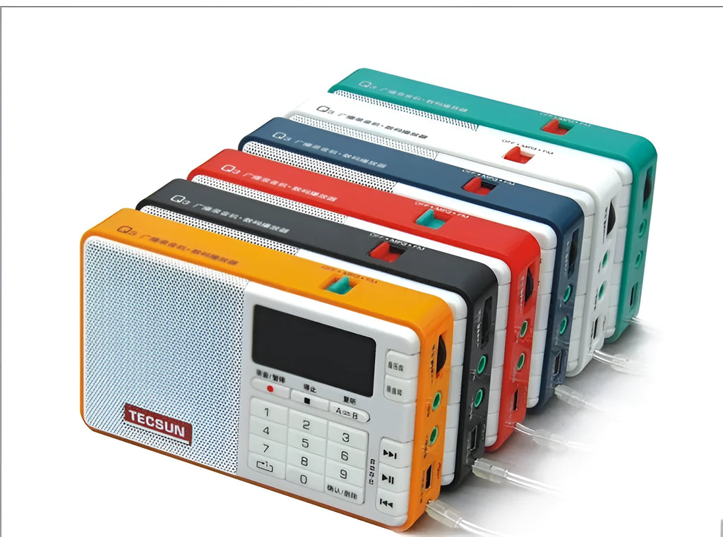 Tecsun Q3 portable digital audio player and FM radio in multiple colours on a white background.
