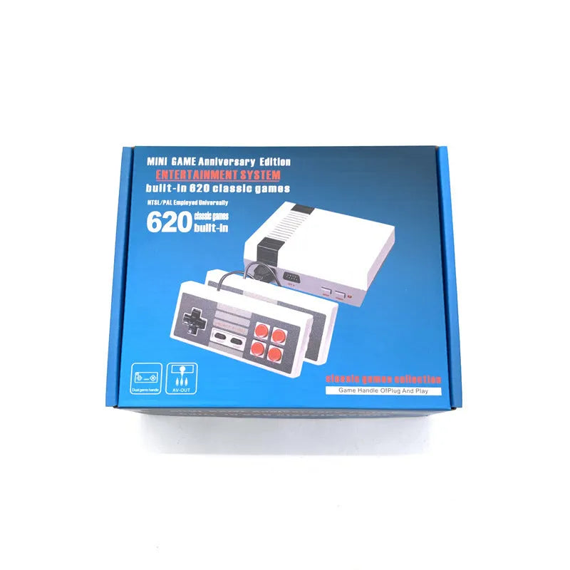 NES 8-bit retro game console with two controllers, power supply, and AV cable on a table.