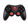 Upgraded X3 black Bluetooth wireless game controller for Android phones with attached phone clip.