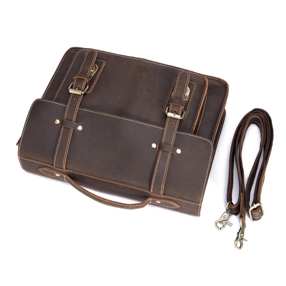 Men's first layer crazy horse leather handbag in dark brown, 36cm x 9cm x 27cm shoulder messenger bag