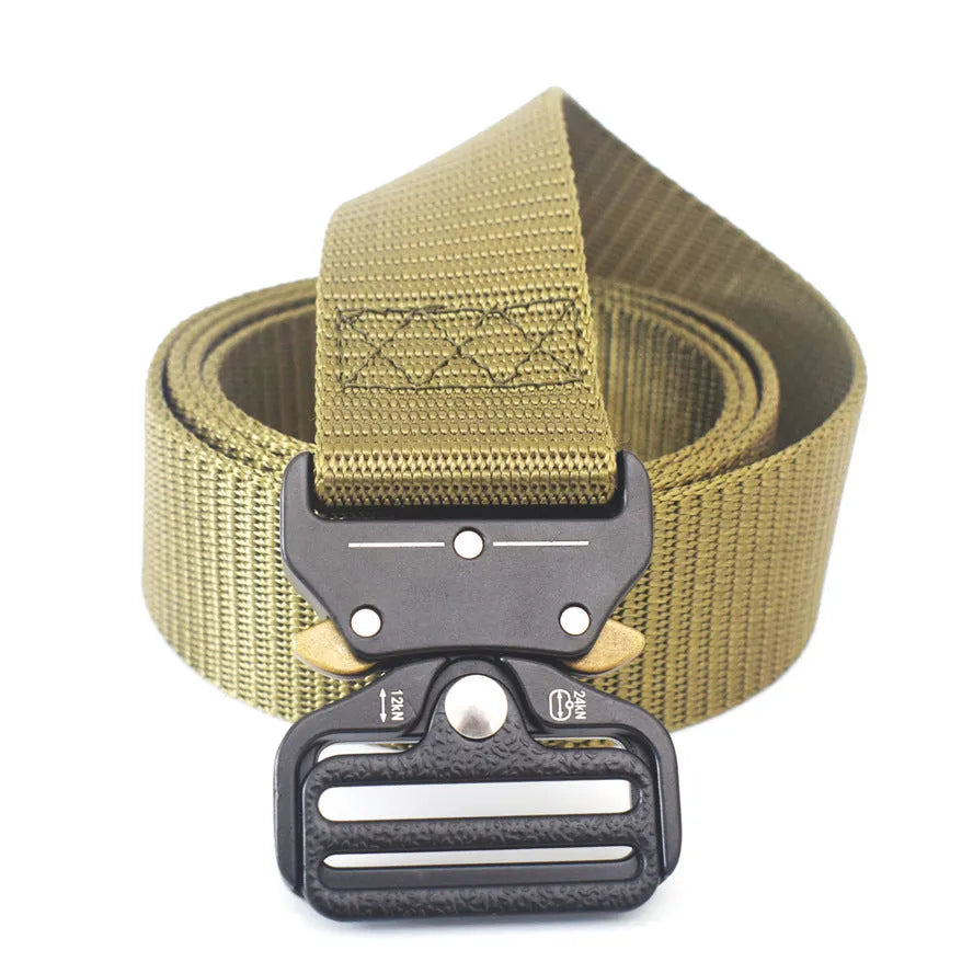 Cobra buckle tactical belt in nylon and zinc alloy, 125cm x 3.8cm, shown in Army Green, Black, and Khaki