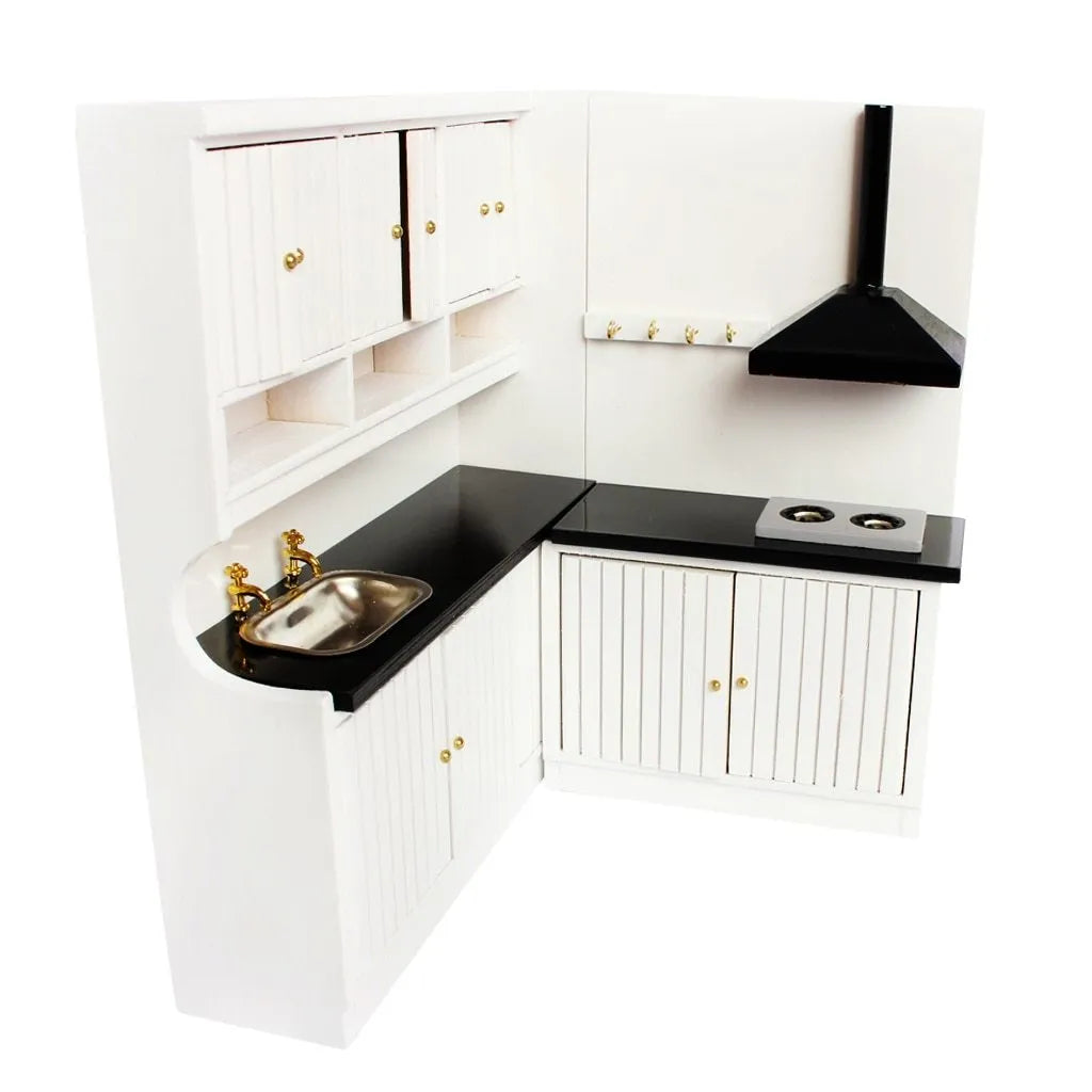 White birch dollhouse kitchen cabinets with working doors and metal handles, sink and stove units
