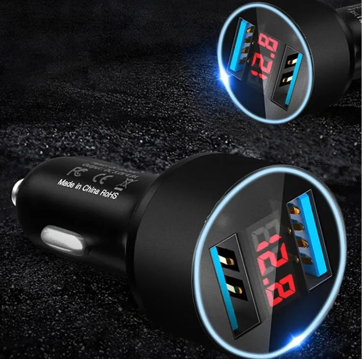 Dual USB car charger with voltage display and aluminium alloy ring in black