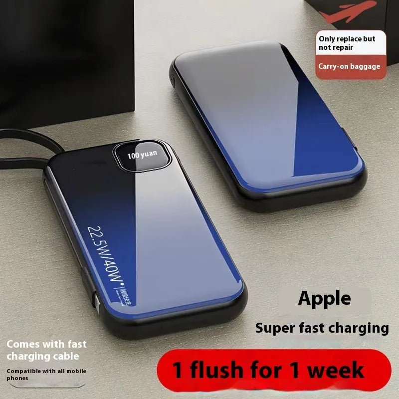 Black portable power bank with integrated charging cable showing compact 170mm x 68mm size.