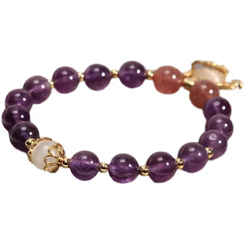 Women's copper bracelet with natural amethyst longevity lock charm and retro design elements