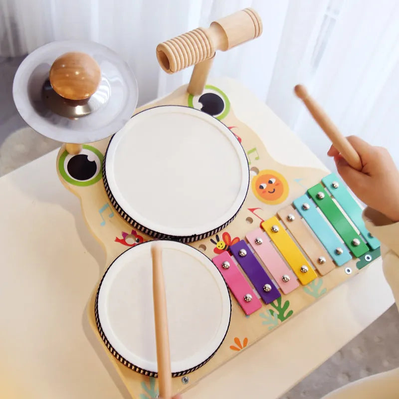 Wooden frog multi-functional drum kit early educational toy, 33 x 30 x 23cm, colour box, for children aged 3-6 years