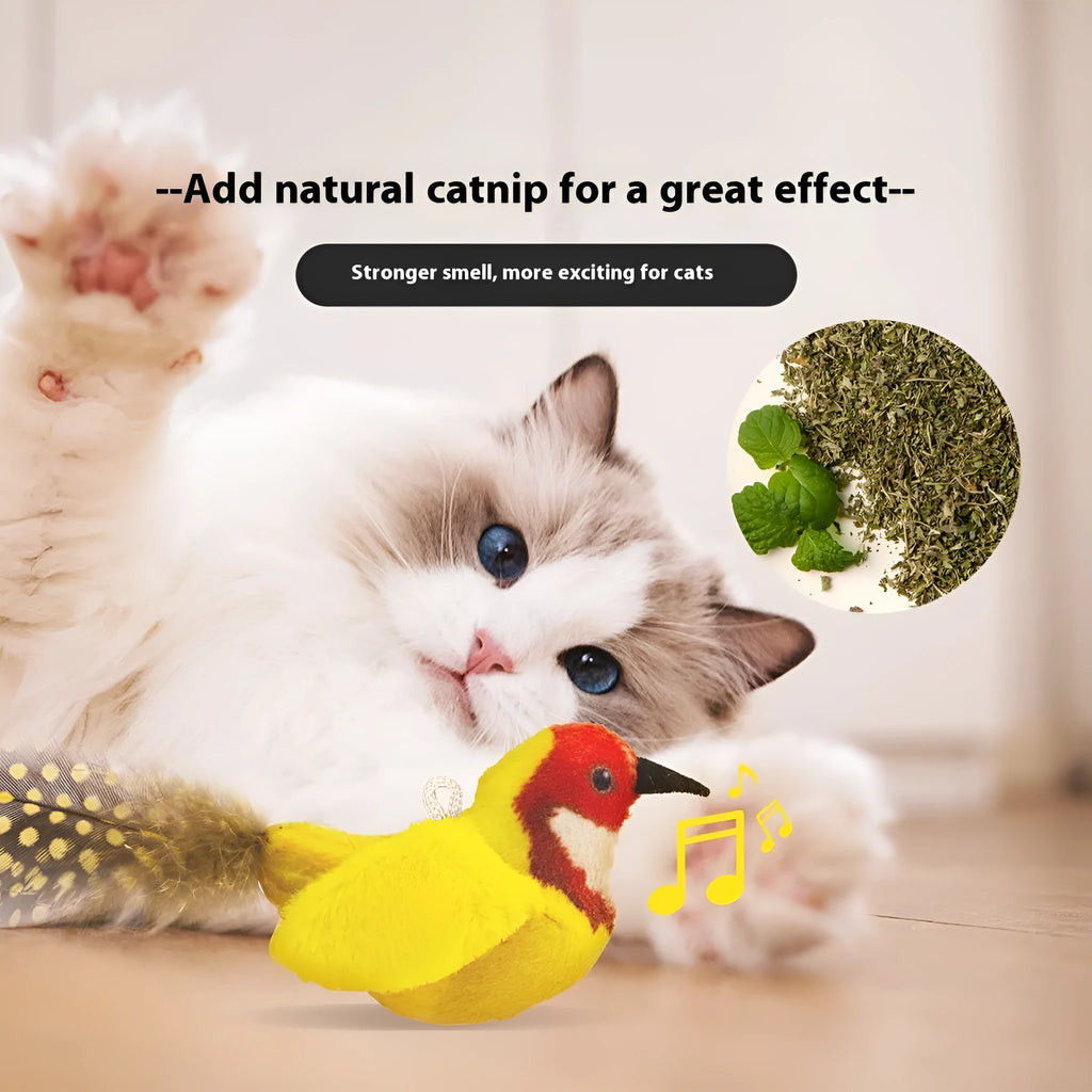 Bird simulation cat plush toy in four colour variations: colourful bird, sparrow, blue kingfisher, yellow bird