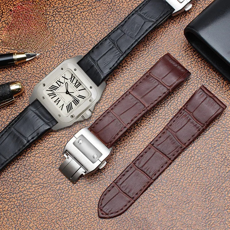 Genuine leather watch band for Santos 100 in black with steel buckle