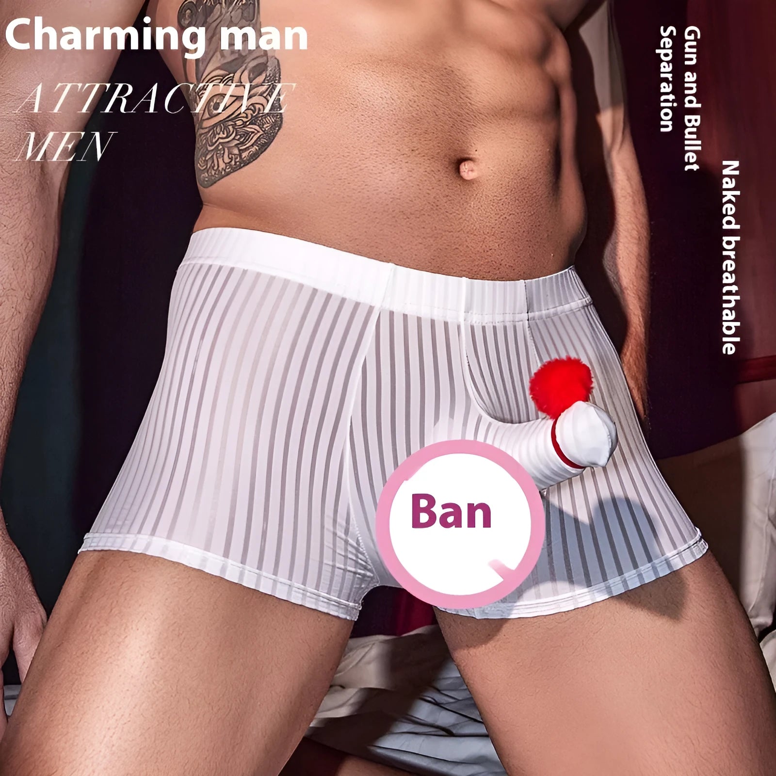 Man's black and white vertically striped boxer briefs laid flat, showcasing the free-size elastic waistband and leg openings.