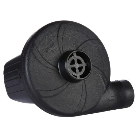 Black 50W electric air pump 8x6x8 cm with 230V plug, 12V car cable, and three nozzle attachments
