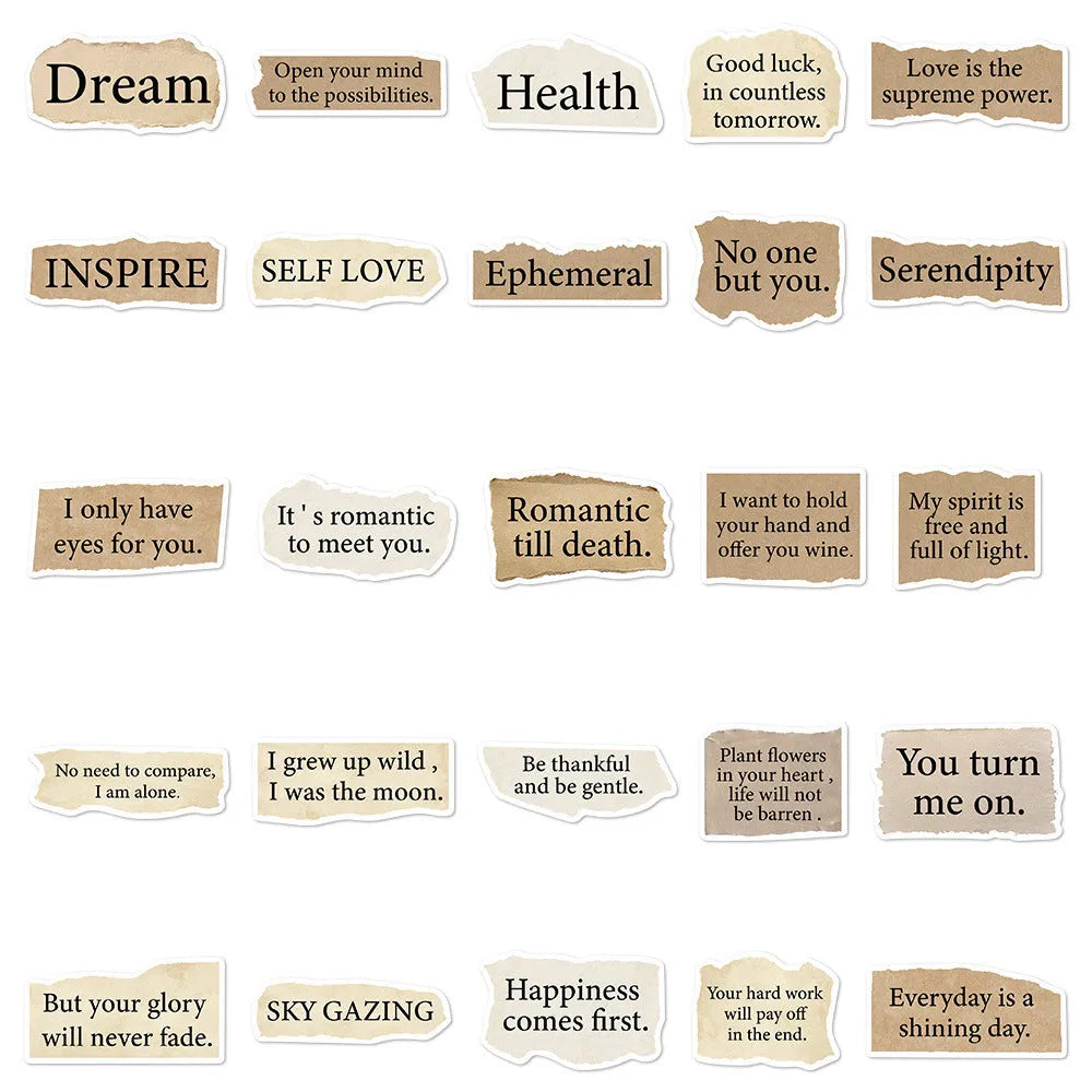 Set of 25 tear English text design vinyl stickers for laptops on a white background.