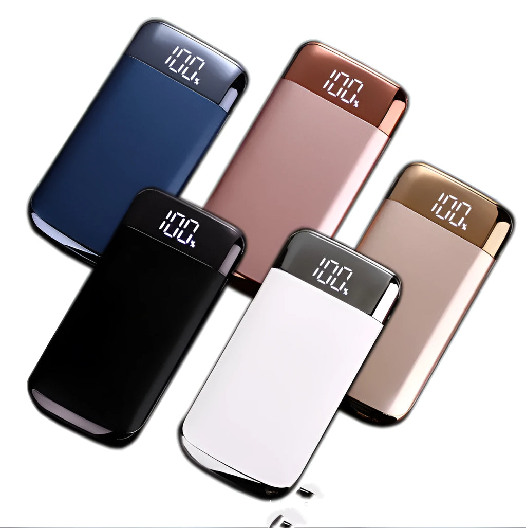 Square alloy power bank with digital display and multiple USB ports in various colours.