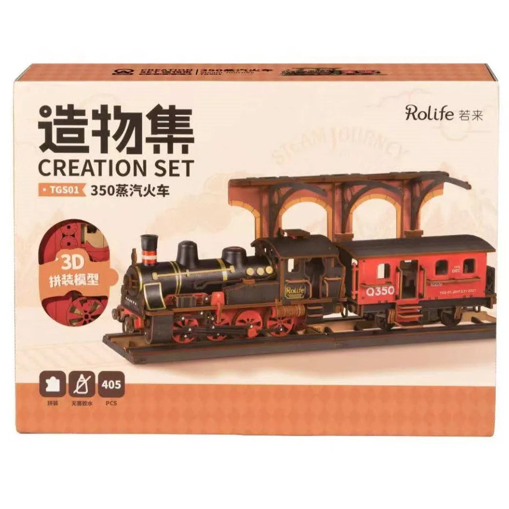 Wooden 3D puzzle model kit in LKA01 steam locomotive colour for youth aged 15 to 35