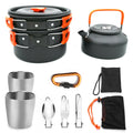 Hard alumina camping cookware set with boiler, frying pan, 800 ml teapot, two stainless steel cups and mesh bag