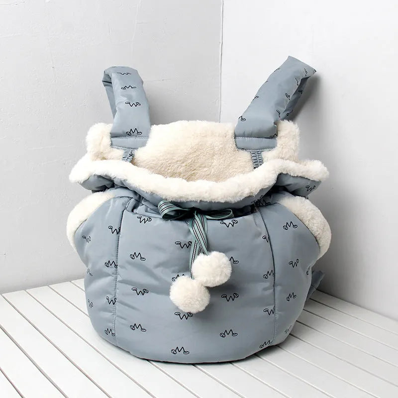Winter pets carrier backpack in blue flannel with open design for cats and dogs outdoor travel