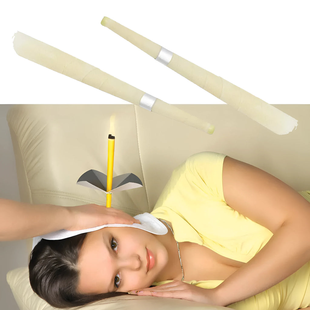 Natural beeswax ear candle for ear wax removal, conical shape, 23.5cm length, on a white background