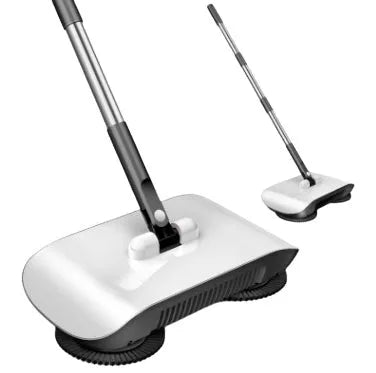 3-in-1 hand push sweeper with 360-degree rotating brush in powder colour, suitable for wood and tile floors