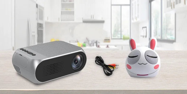 Mini HD 1080P projector with LED lens, 20-80 inch projection, black grey white, US EU style.