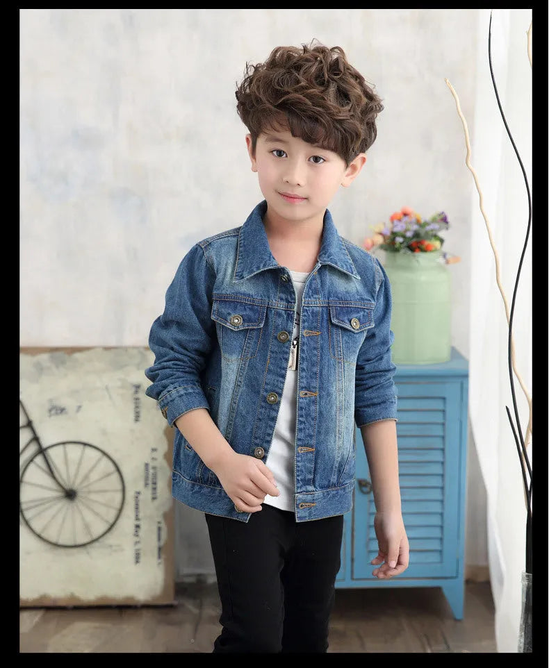 Children's dark blue cotton ripped denim jacket with hood, front view, single breasted style