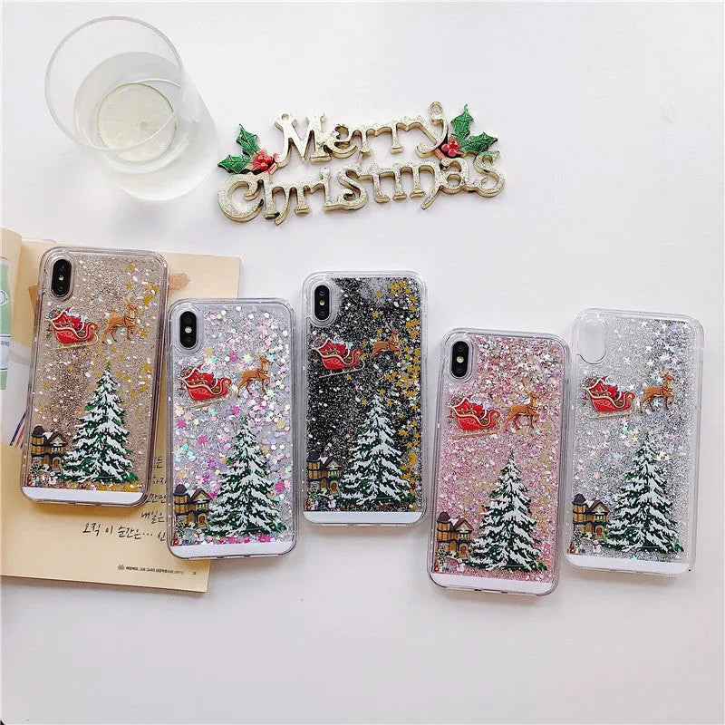 Christmas quicksand design phone case showing Santa Claus and tree patterns through transparent layers