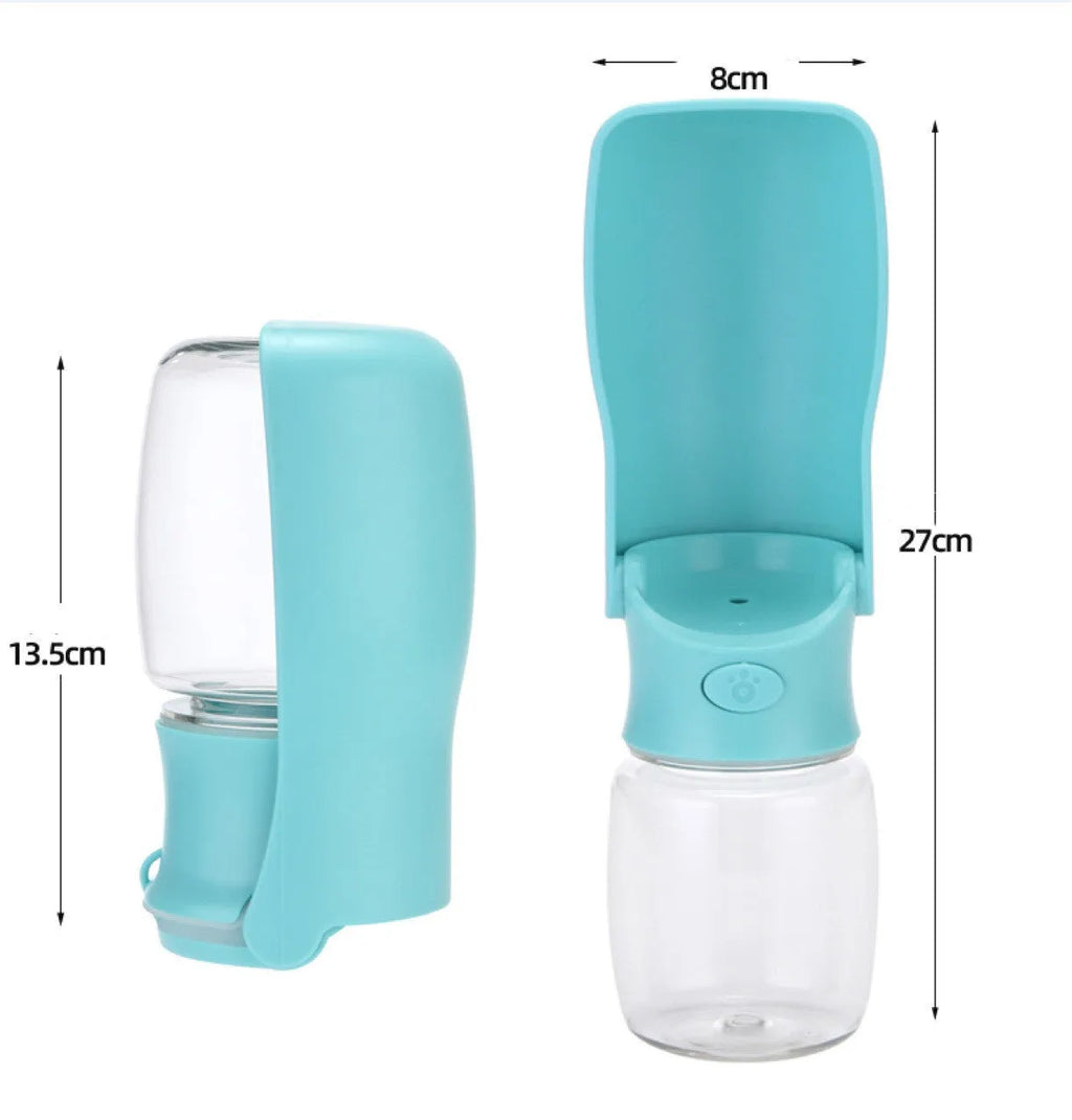 Blue foldable plastic dog water bottle shown in collapsed and expanded states, with 550ml capacity mark.