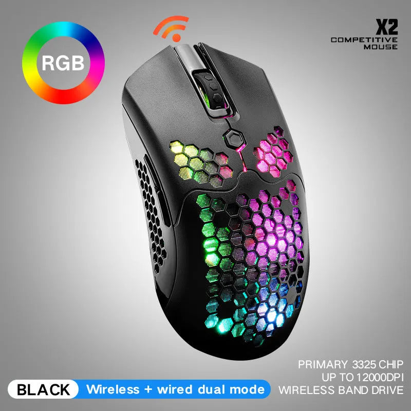 Free Wolf X2 wireless gaming mouse in black on a mouse mat, showing right-handed contour and RGB lighting.