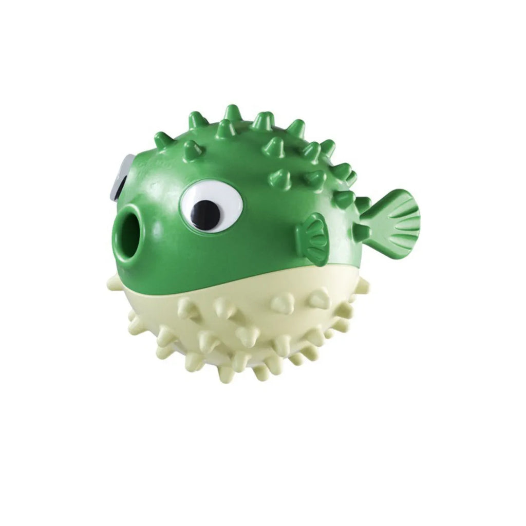 Yellow fish-shaped durable vinyl dog chew toy with textured surface for aggressive chewers.