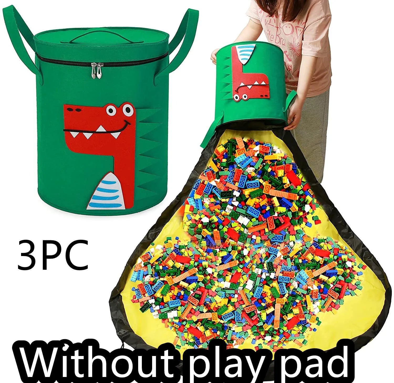 Green felt cube storage bag with pull rope, shown both as a flat play mat and gathered toy bag
