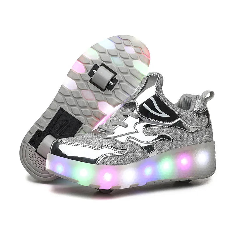Children's wheel shoes with LED light emitting charging, available in multiple colours and sizes 27-43M