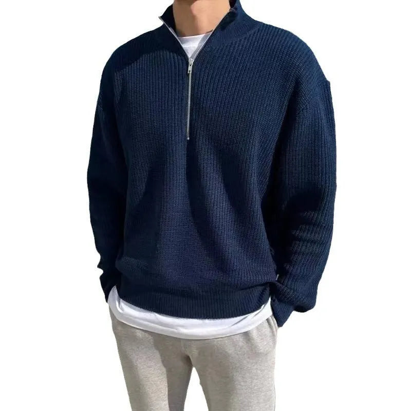 Men's loose fit half zipper sweater pullover in khaki, Hong Kong style