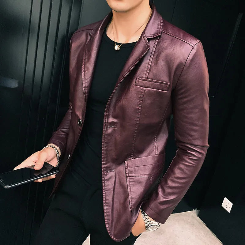 Fashion casual men's suit leather jacket in black with colour block design, shirt collar, double-breasted front, and patch pockets
