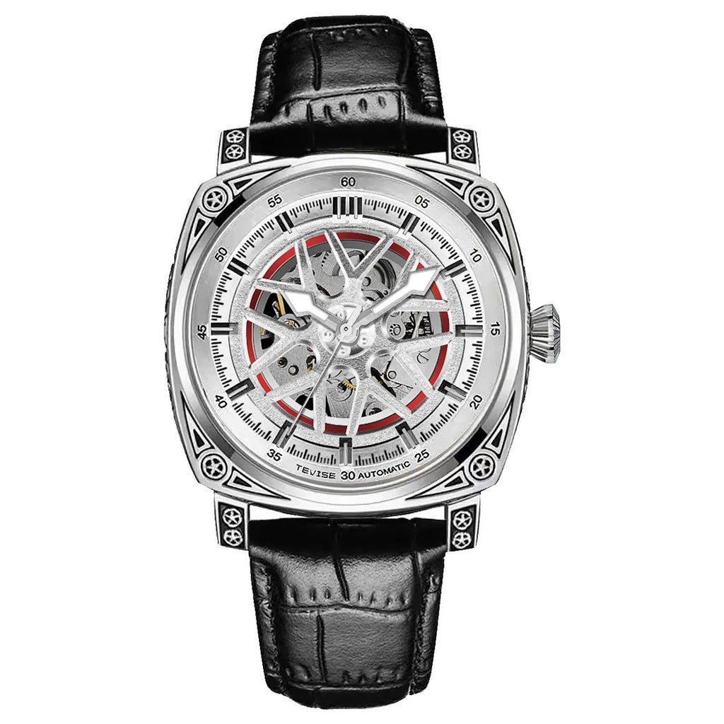 Men's stainless steel automatic watch with a blue leather strap showing the time.